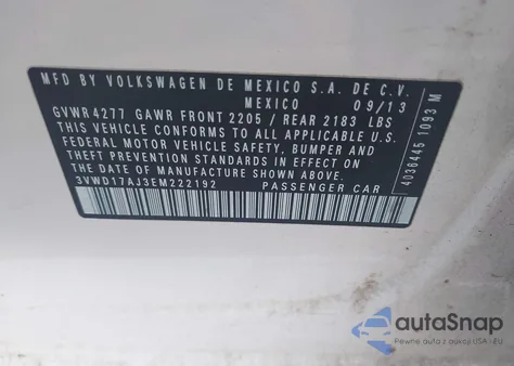 2014 Volkswagen Jetta 1.8T Se z USA, uszkodzony, nr VIN 3VWD17AJ3EM222192